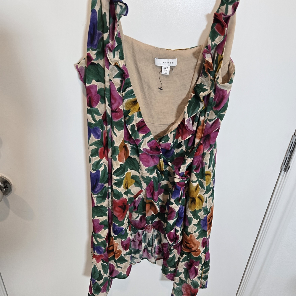 Topshop Cream Floral Ruffle V-Neck Cami Wrap Dress with Multicolor Blooms